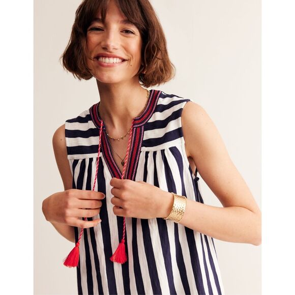 Boden Nadine Notch Cotton Dress in Navy Ivory Stripe Size 6 NWT - Picture 1 of 8